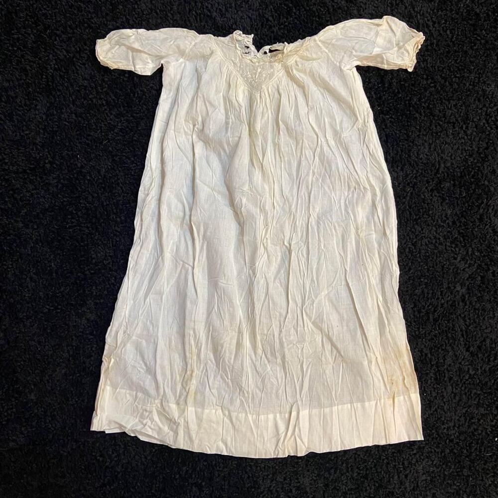 Antique 1890s Baby Dress – Handmade White Cotton Gown w/ Lace & Embroidery
